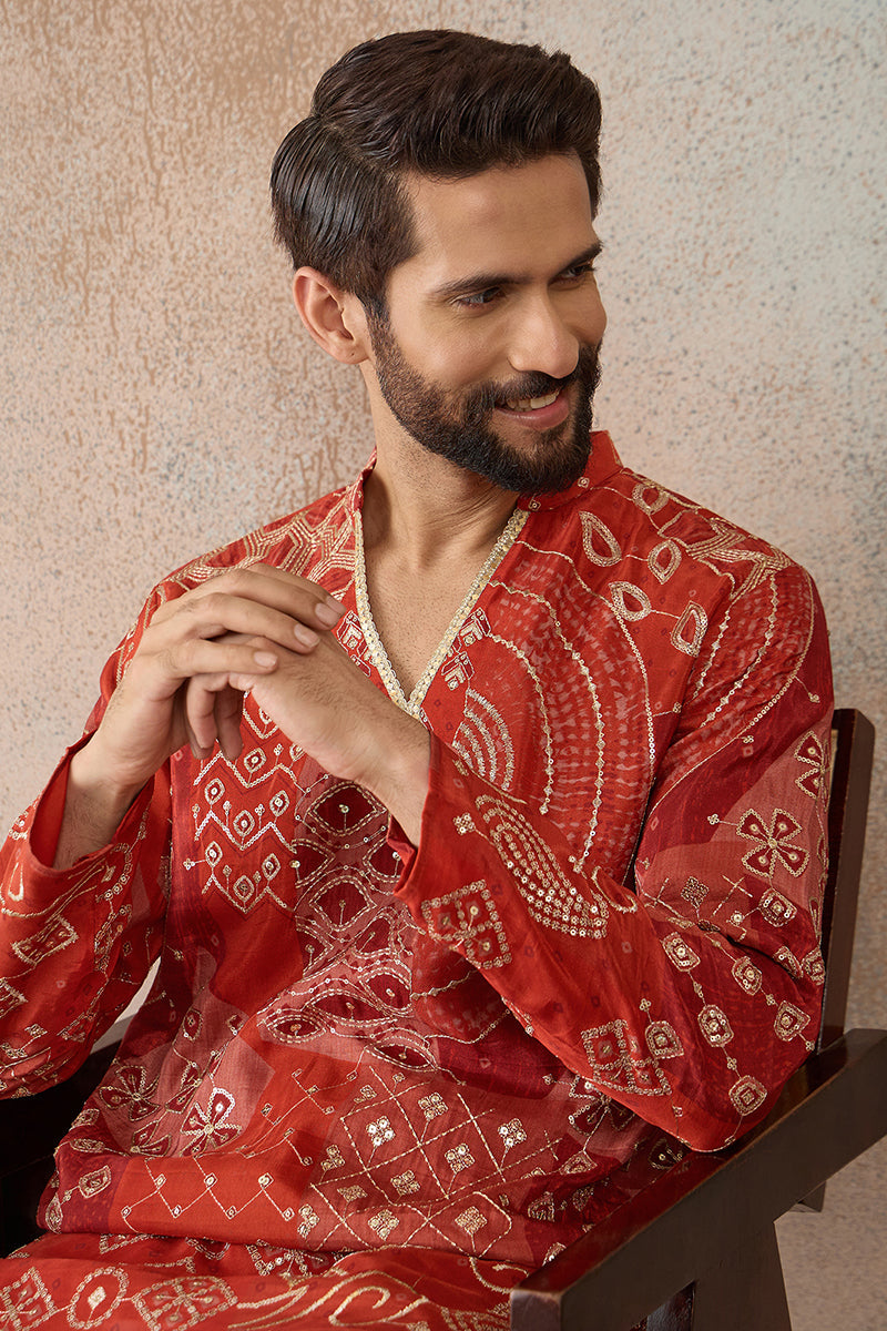 Mens Orange Modal Ethnic Motifs Printed Kurta