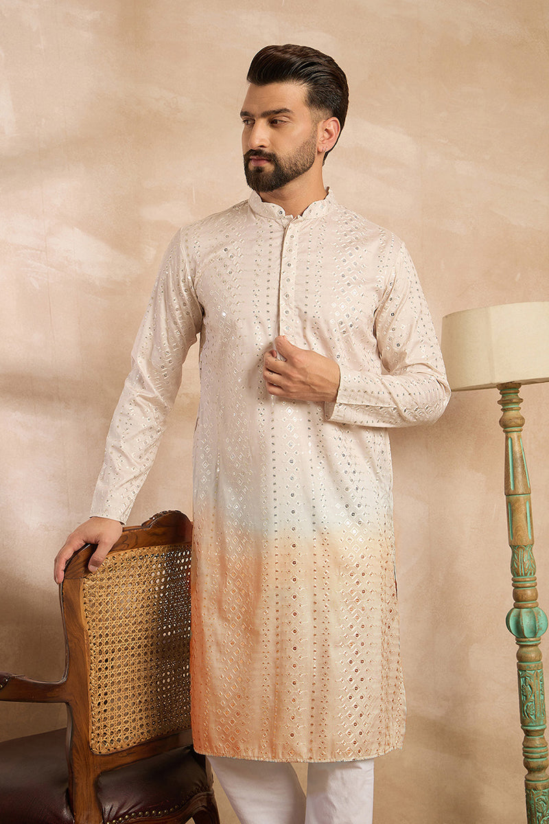 Peach Silk Blend Ombre Embroidered Straight Kurta Sets