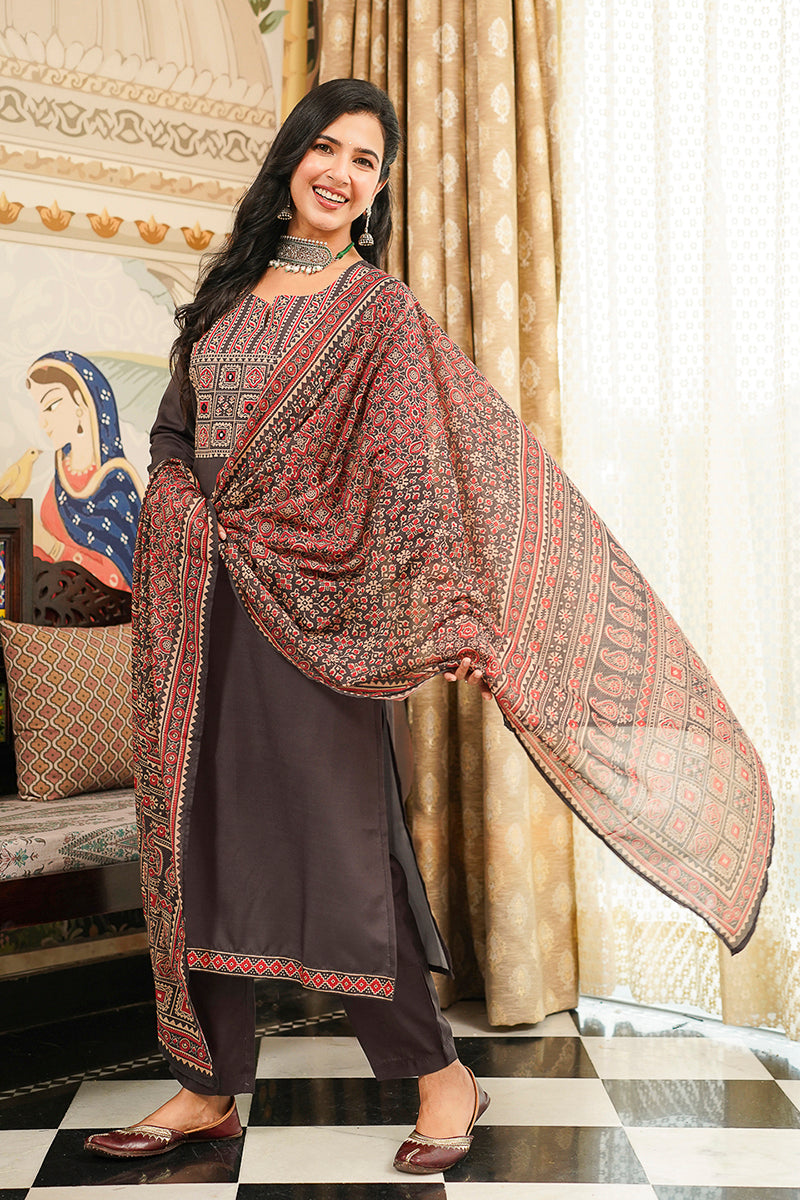 black rayon blend ajrakh printed straight kurta trousers with dupatta 