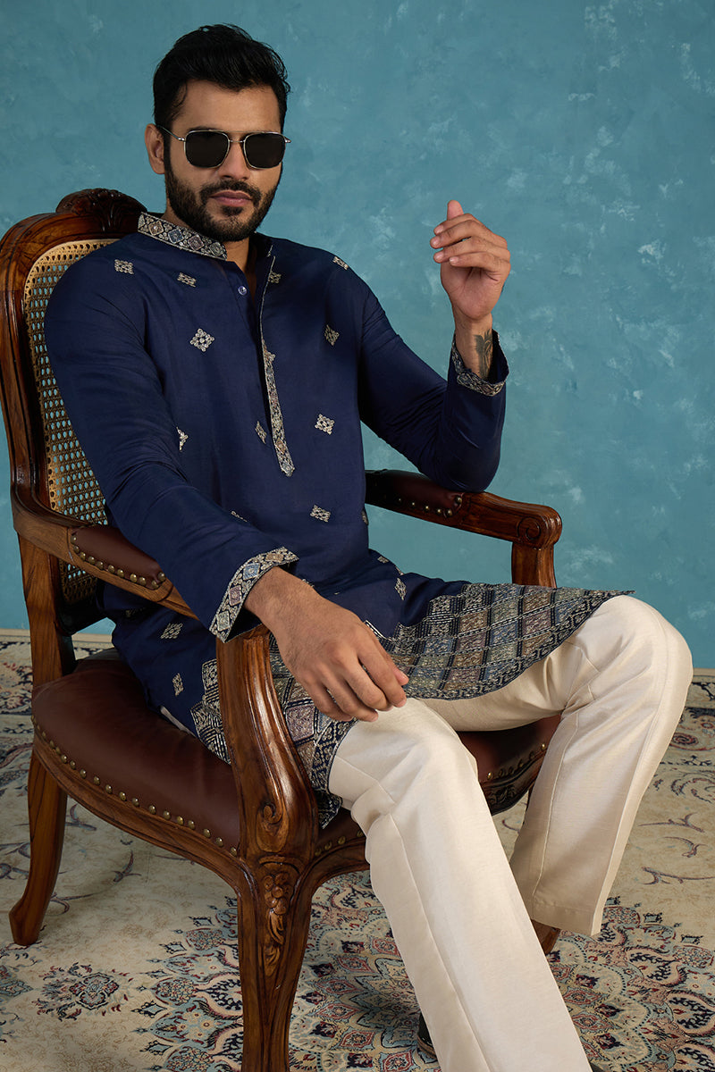 Silk Blend Blue Solid Embroidered Calf Length Straight Kurta With Trousers