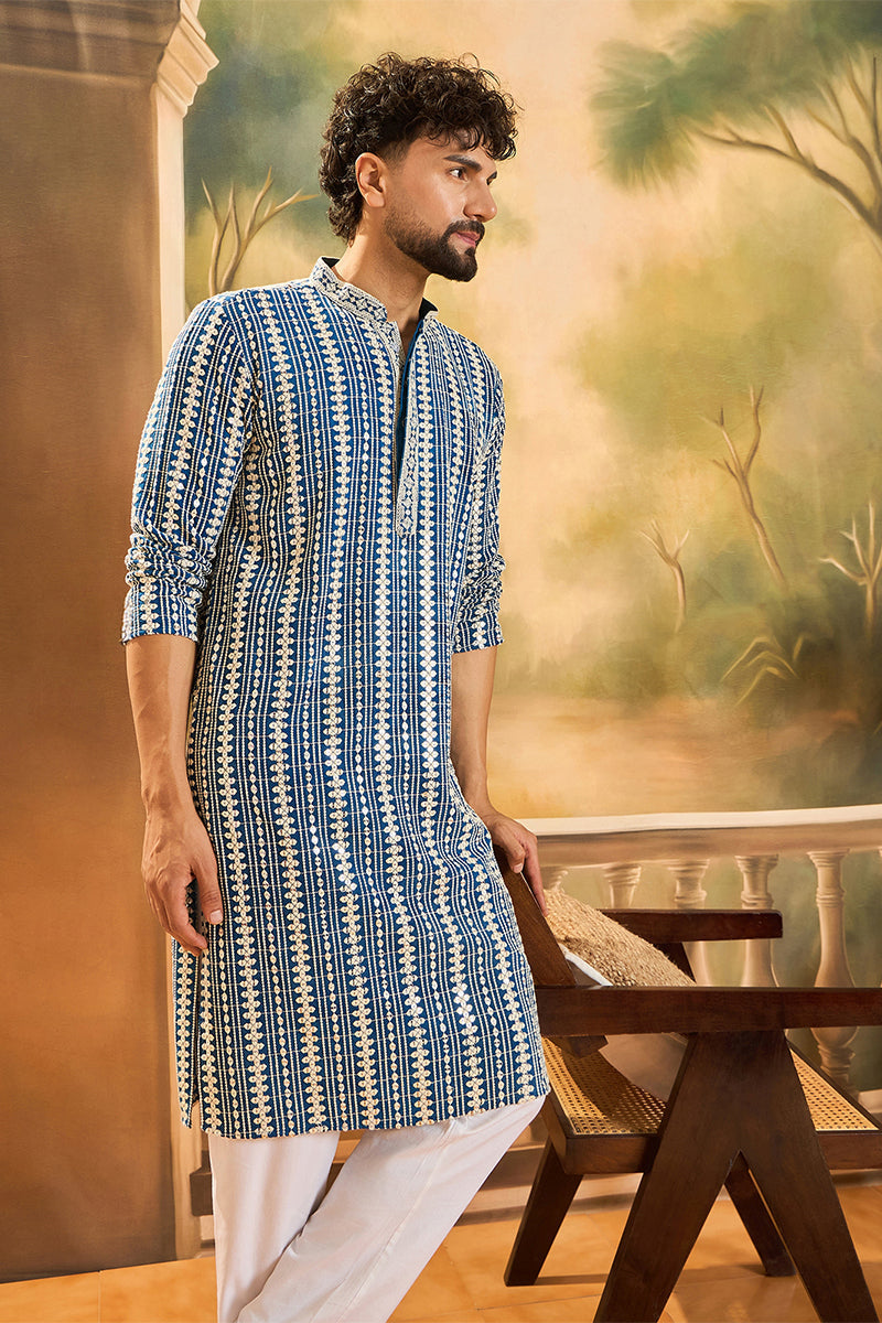 Blue Viscose Rayon Embroidered Straight Kurta