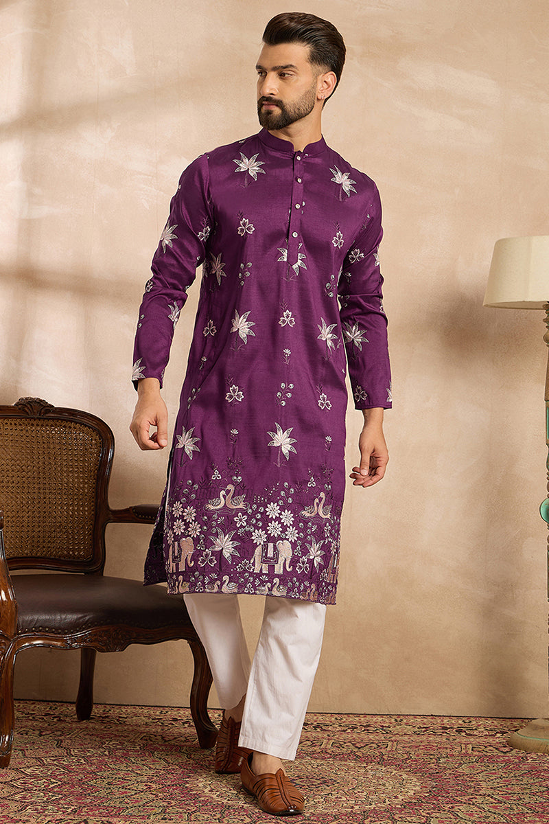 Purple Polyester Solid Embroidered Straight Kurta With Trouser