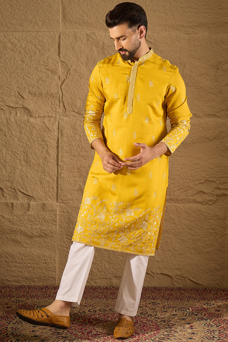 yellow chanderi silk solid embroidered straight kurta with trouser