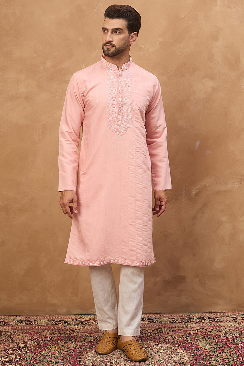 Peach Silk Blend Solid Solid Straight Kurta