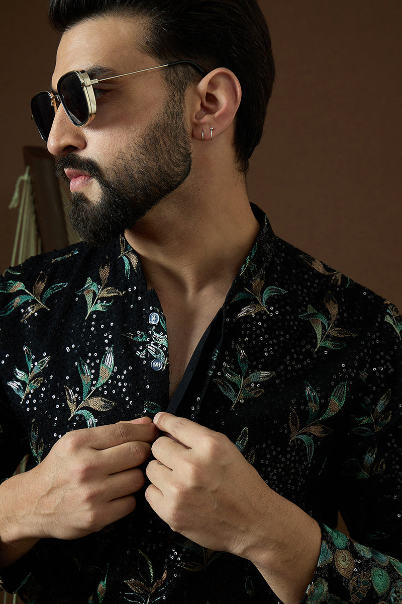 Black Silk Blend Solid Embroidered Straight Kurta Sets