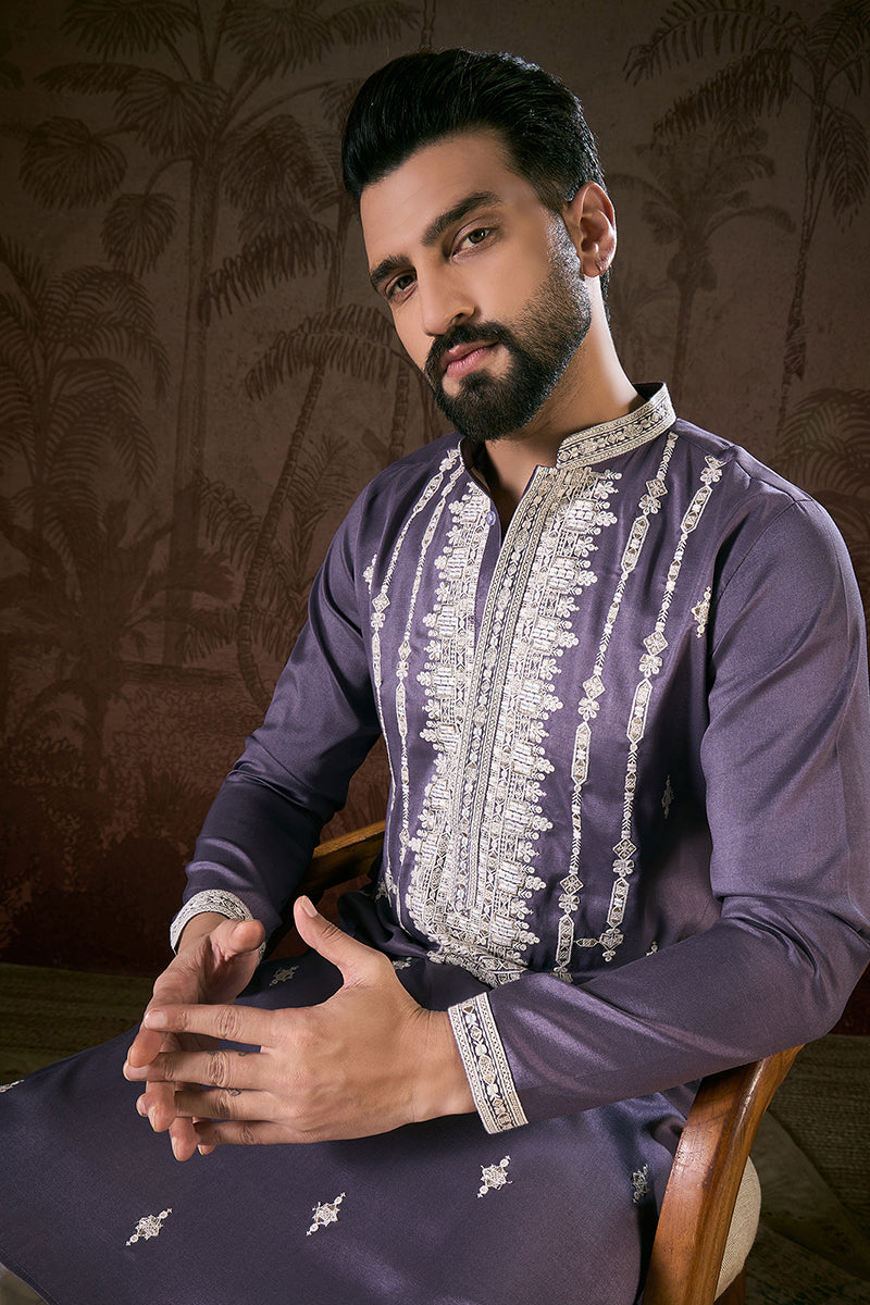 Lavender Silk Blend Solid Embroidered Straight Kurta With Trouser