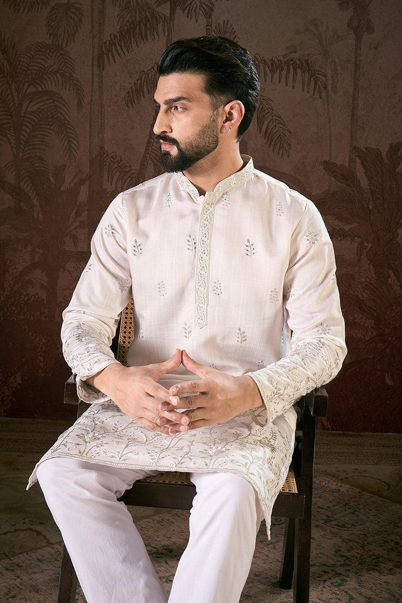 White Silk Blend Floral Embroidered Straight Kurta With Trouser