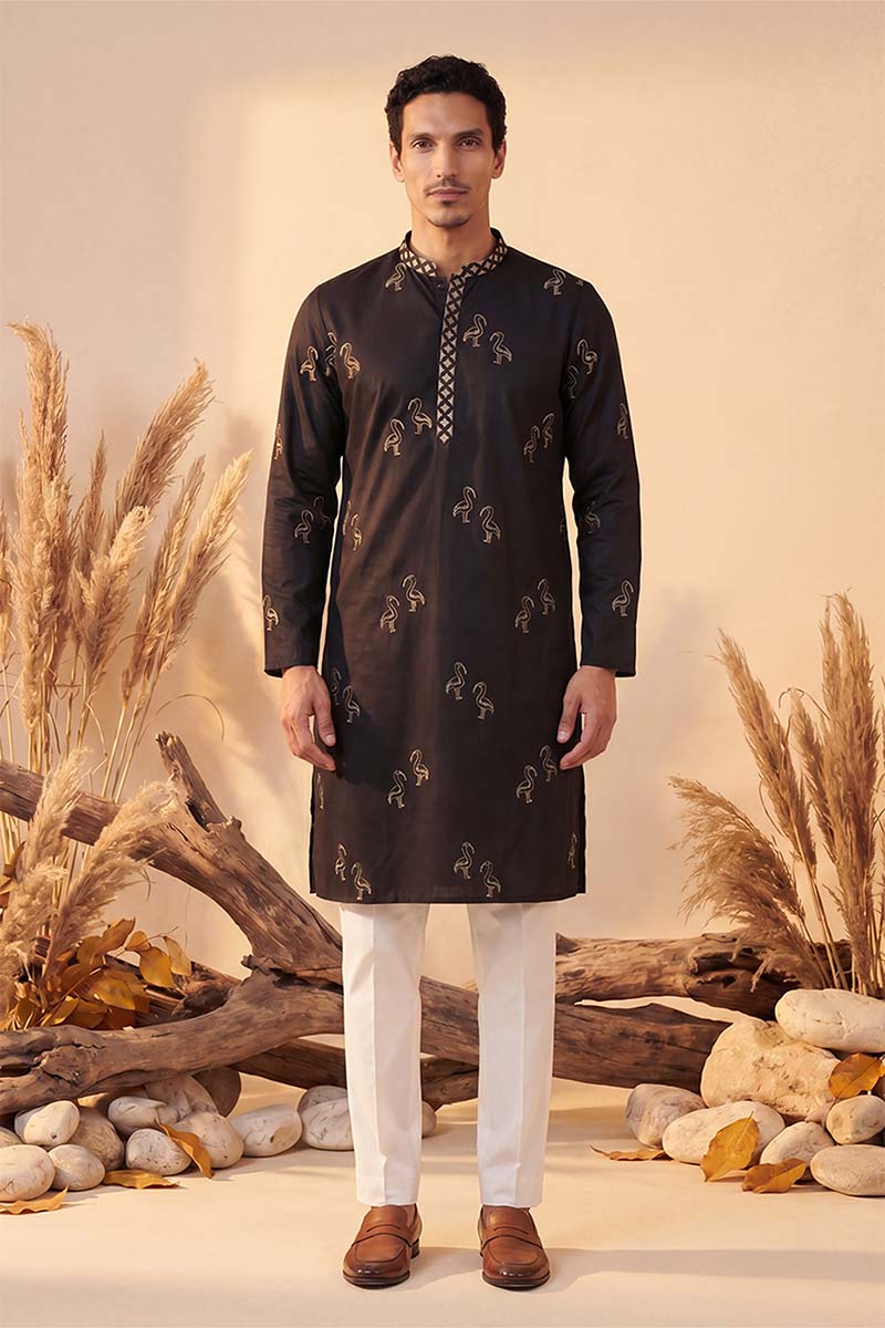 Mens Black Silk Blend Solid Embroidered Kurta With Trousers