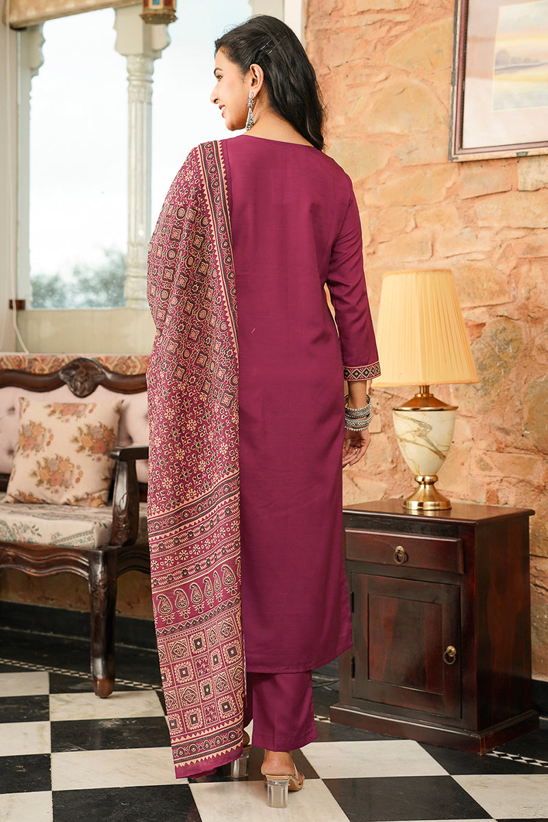 purple rayon blend ajrakh printed straight kurta trousers with dupatta 