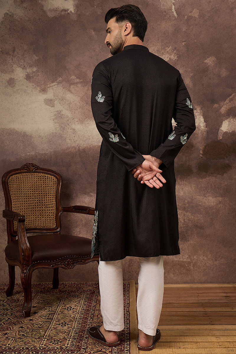 black silk blend solid embroidered straight kurta with trouser