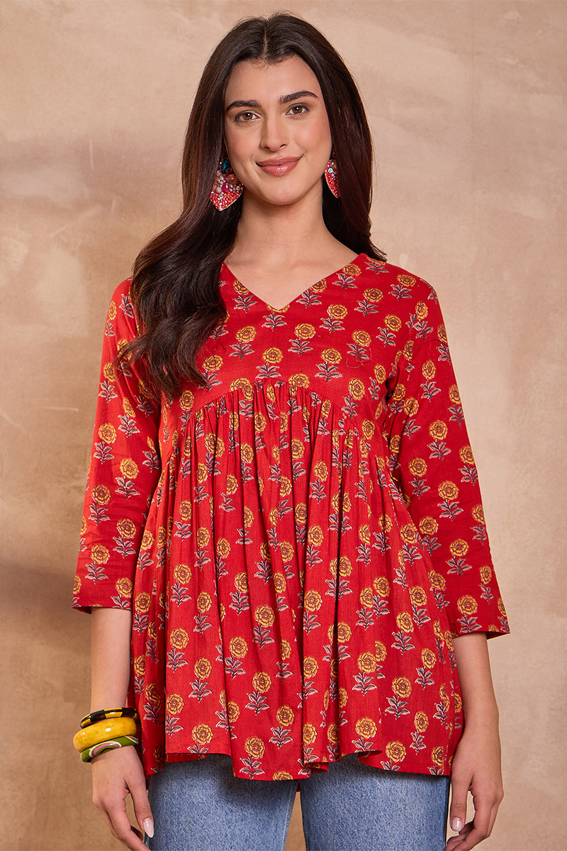 red cotton blend floral printed top