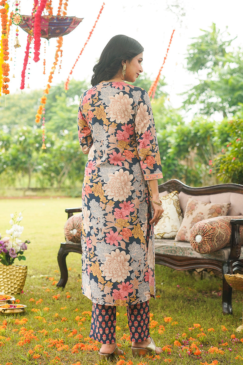 blue rayon blend floral printed straight kurta trousers with dupatta 