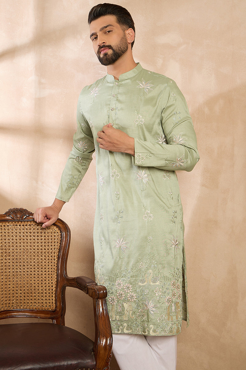 Olive Silk Blend Solid Embroidered Straight Kurta With Trouser MKSET1682
