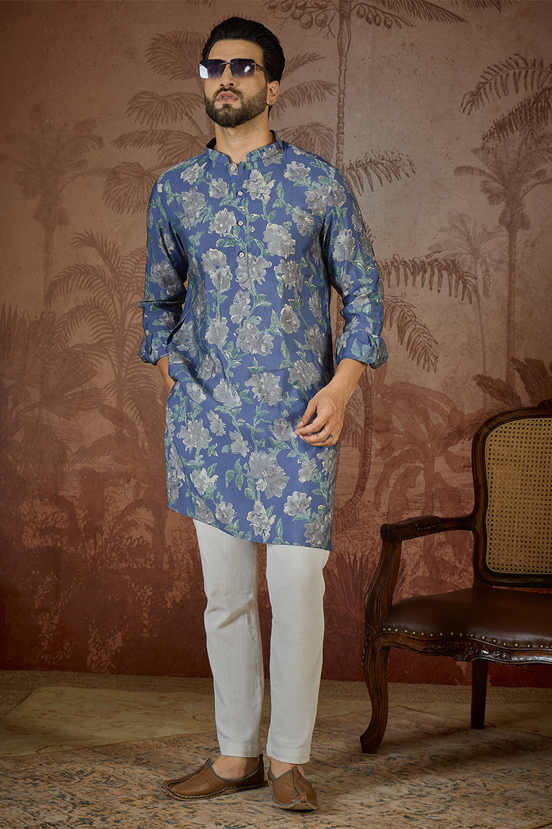 Mens Blue Silk Blend Floral Printed Kurta With Trouser