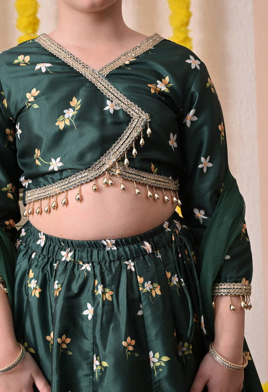 Indi Loom Couture Girls Dark Green Floral Printed Lehenga Choli with Net Dupatta ILLCD37
