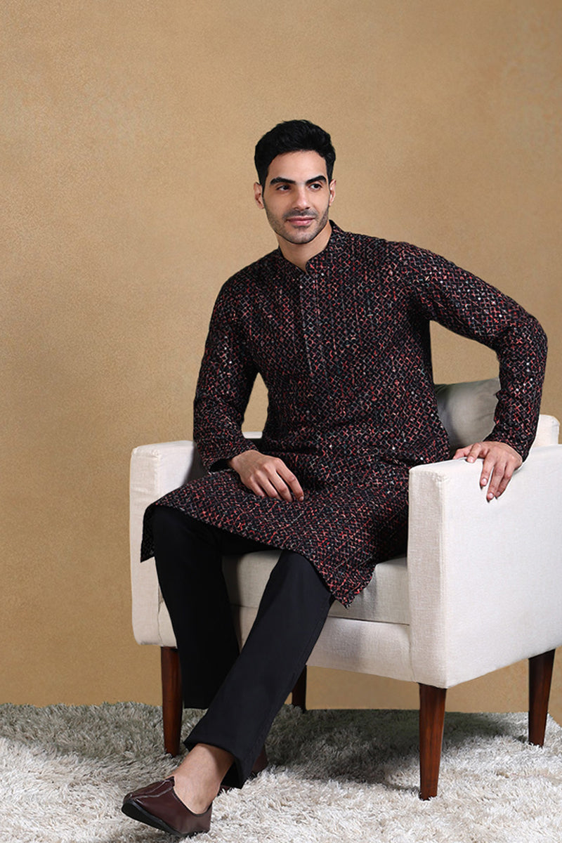 black viscose rayon ethnic motifs embroidered straight kurta for men