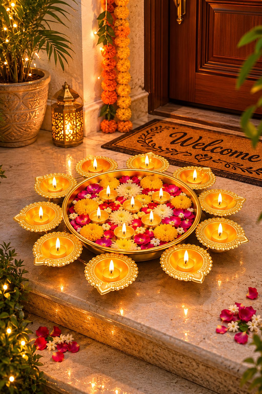 premium iron urli with 8 diya holders decorative metal floating flower bowl for water candles rangoli traditional urli for diwali pooja wedding festivals home decoration