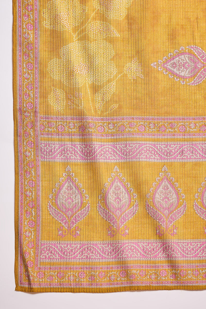 mustard silk blend floral printed straight kurta trouser with dupatta