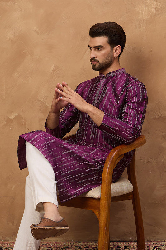 purple silk blend geometric printed straight kurta
