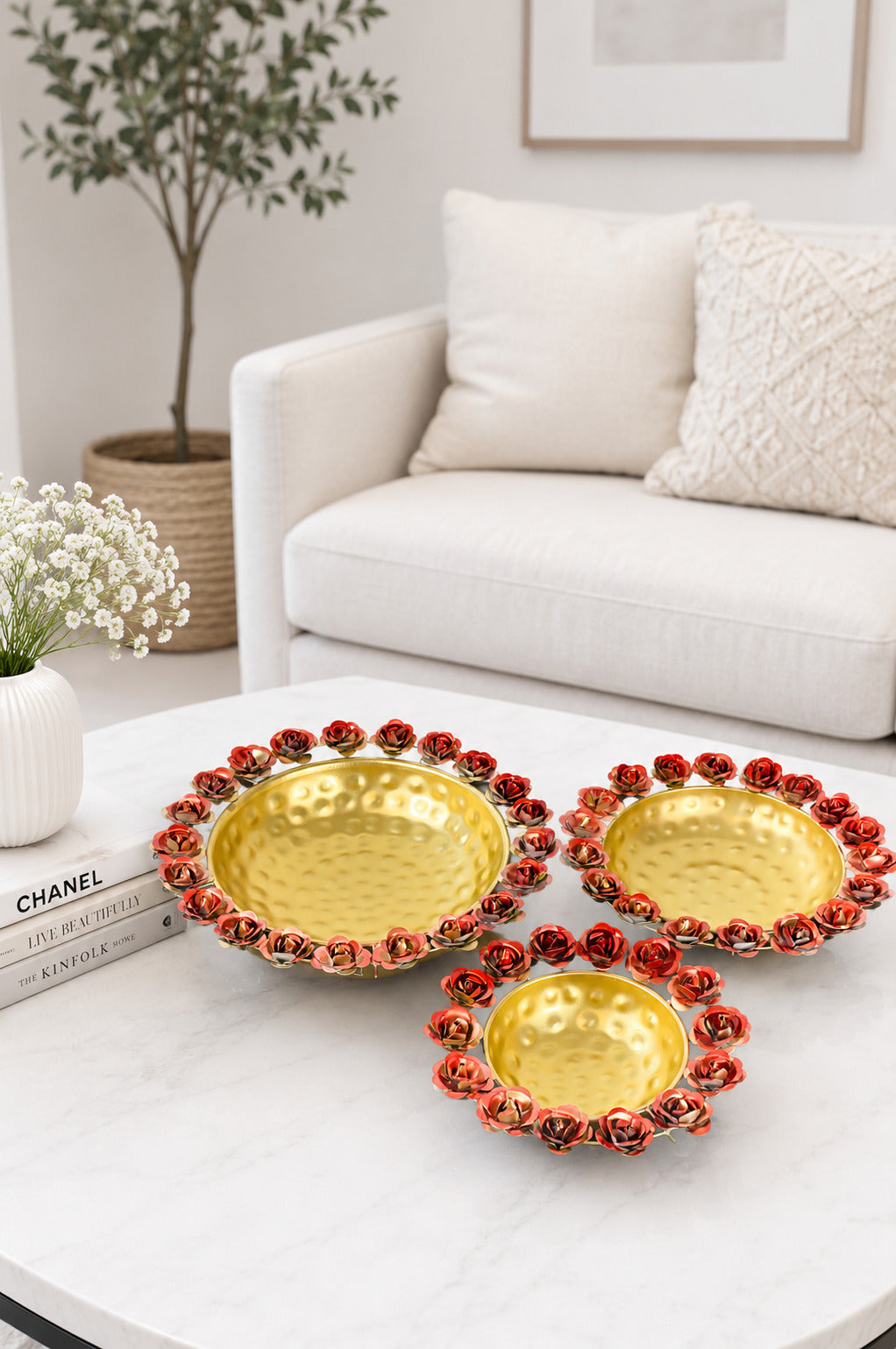premium decorative urli bowl set of 3 with rose rim design hammered metal floating flower bowls for water candles tea lights diwali pooja wedding festival home decor centerpiece