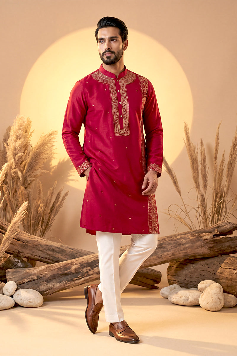 Mens Pink Silk Blend Solid Emboidered Straight Kurta