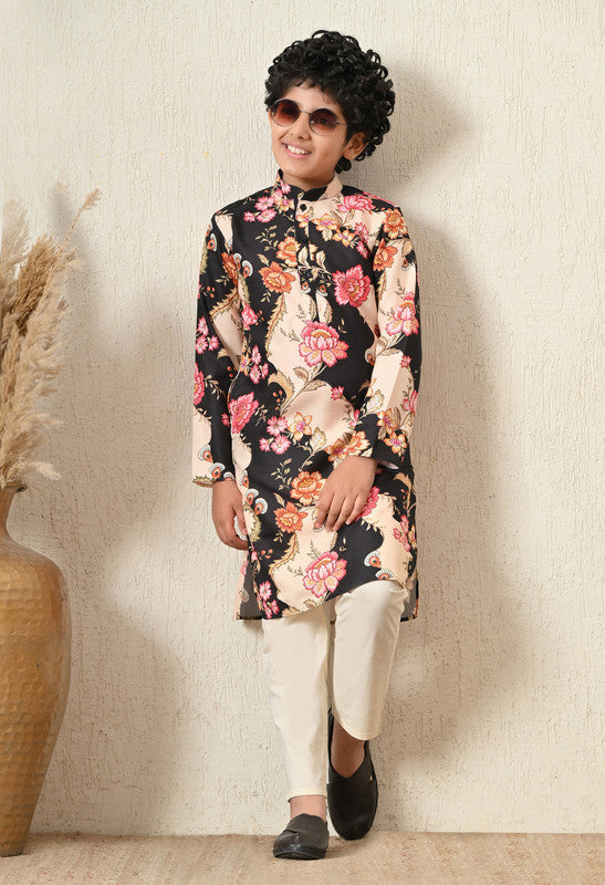 Indi Loom Couture Boys Black Floral Printed Kurta with Off White Pyjama Set ILBKS46