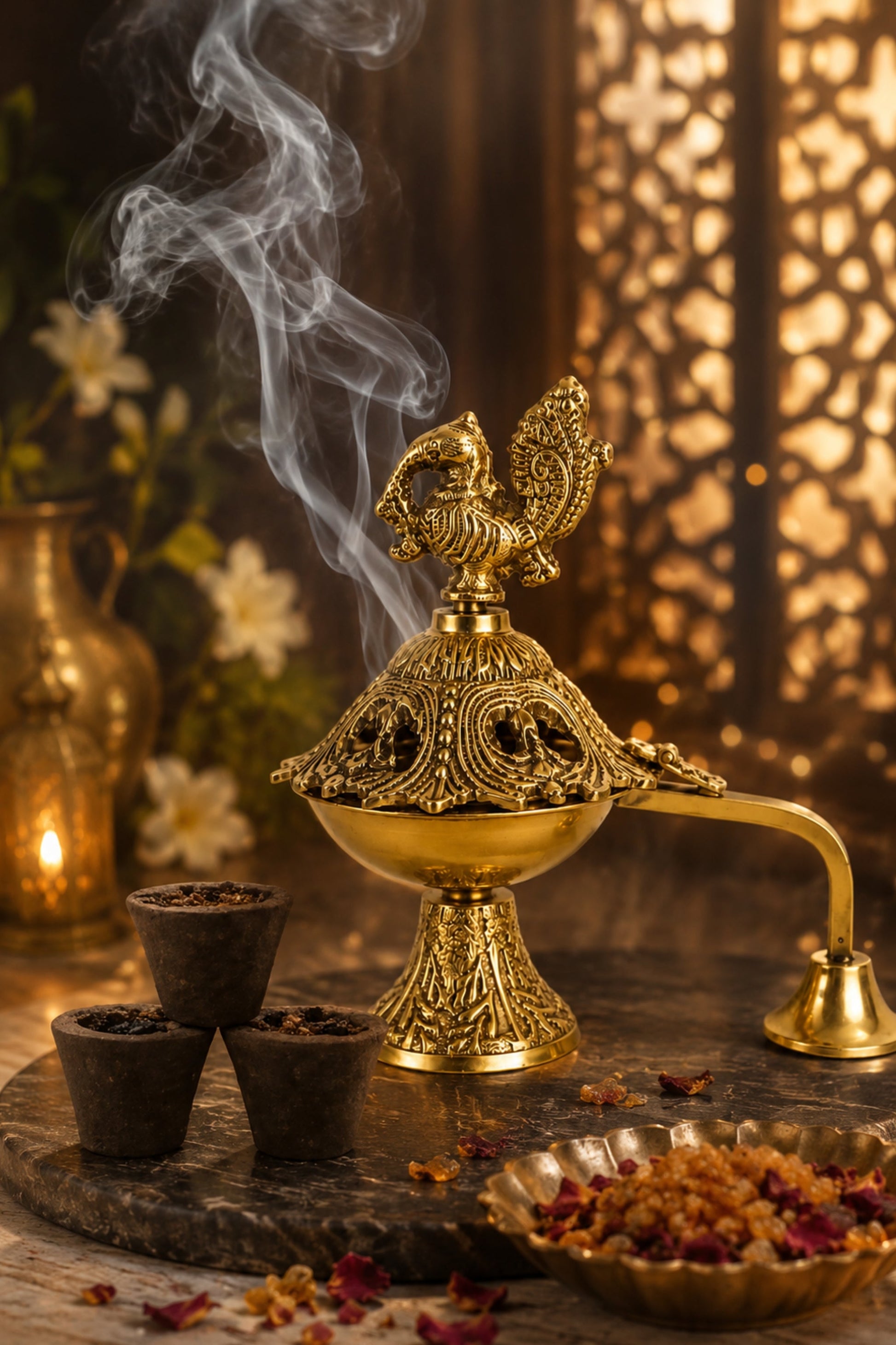 premium peacock brass incense burner with handle handcrafted brass dhoop dani for sambrani loban dhoop cups resin incense decorative pooja dhuni burner for home temple