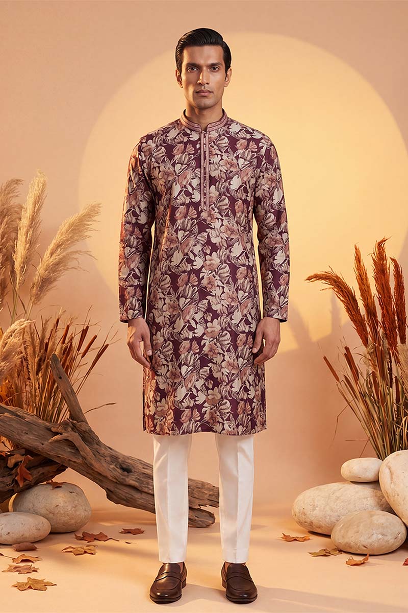 Mens Purple Viscose Rayon Floral Printed Kurta With Trousers