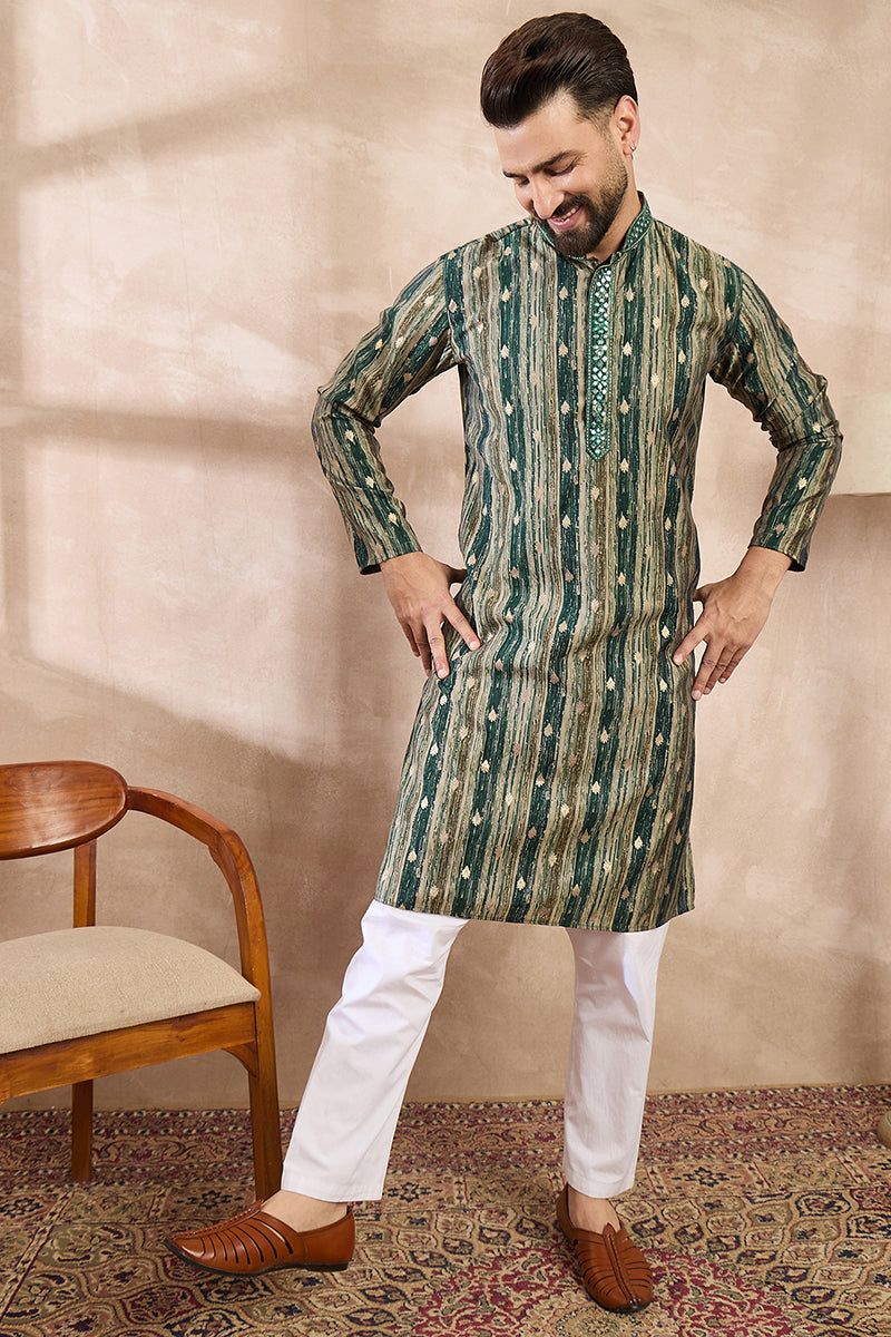 Green Silk Blend Abstract Printed Straight Kurta With Trouser