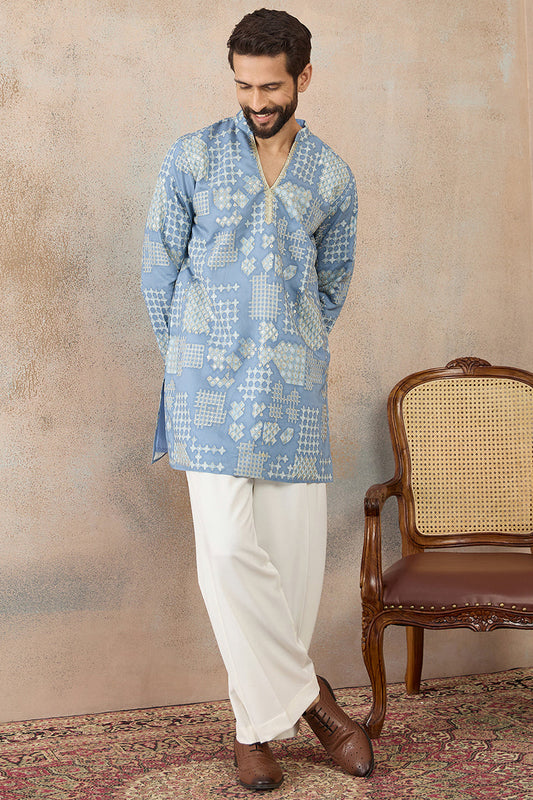 Mens Blue Silk Blend Solid Embroidered Kurta With Trouser