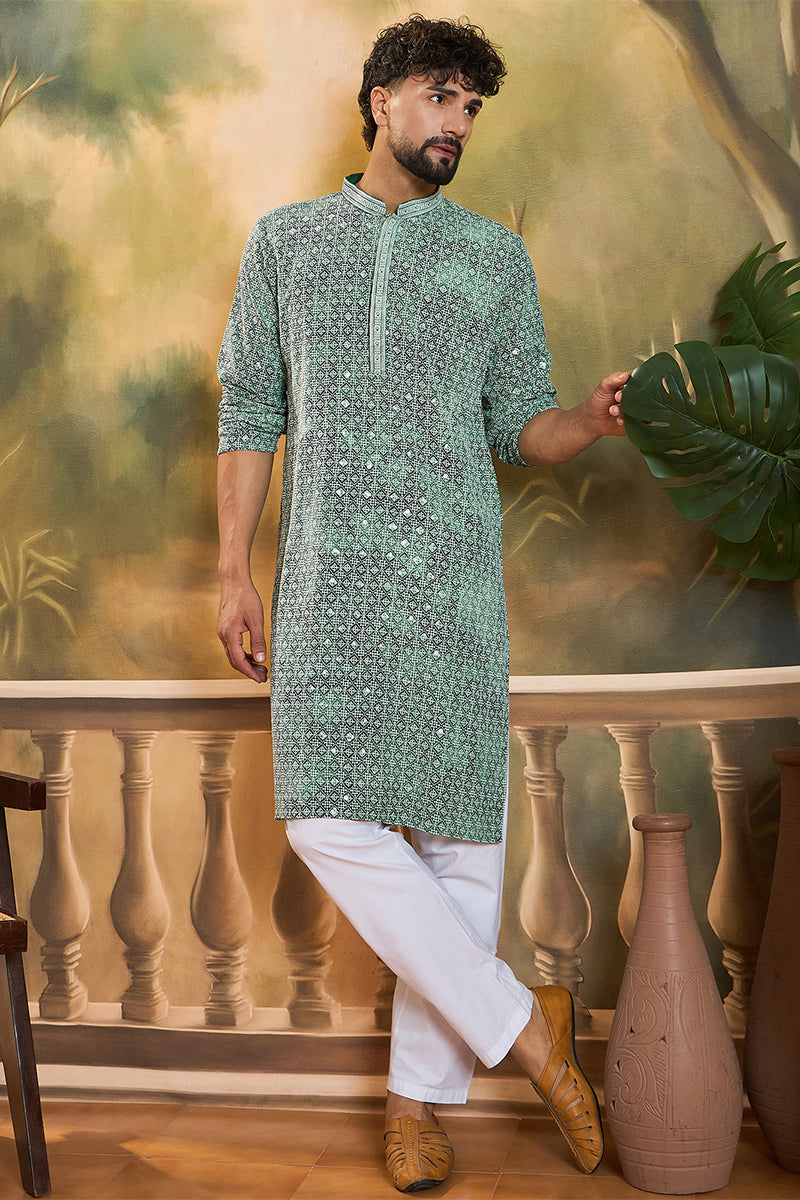 green viscose rayon shibori embroidered straight kurta with trouser