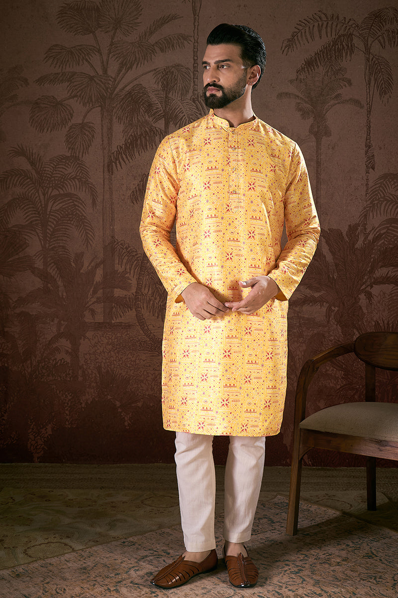 Yellow Silk Blend Ethnic Motifs Printed Straight Kurta With Trouser