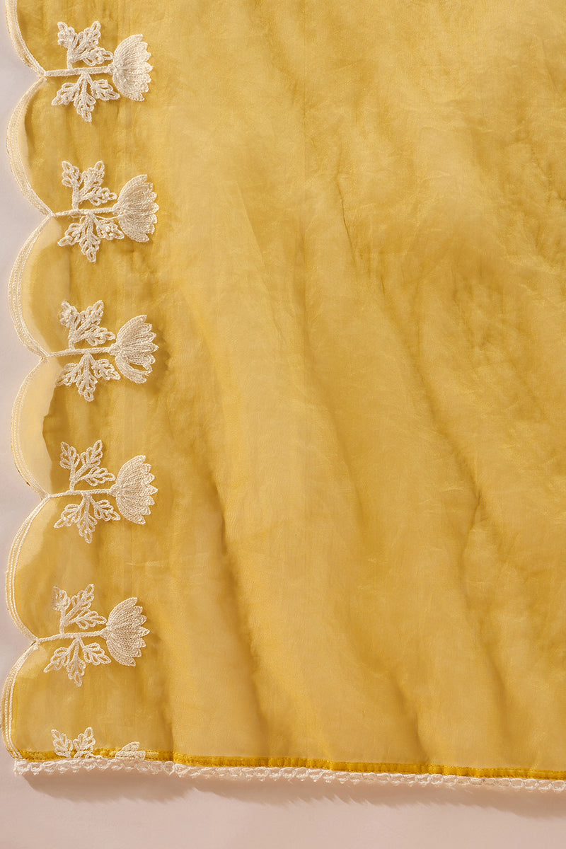 yellow silk blend solid embroidered a line kurta trouser with dupatta