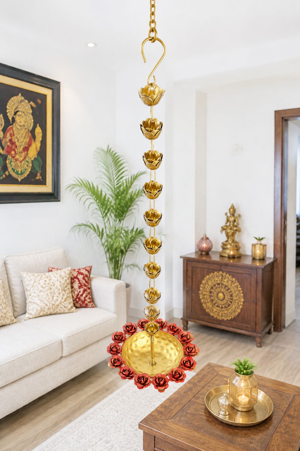 premium hanging lotus urli bowl with rose rim design decorative metal floating flower bowl with lotus chain hanging urli for water candles tea lights diwali pooja wedding home decor