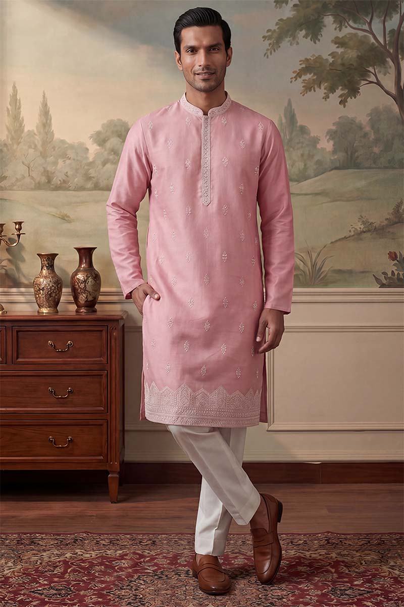 Silk Blend Pink Solid Embroidered Calf Length Straight Kurta With Trousers