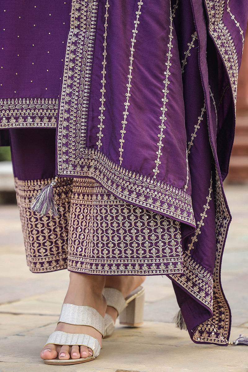 purple silk blend straight kurta palazzo with dupatta pkskd1859