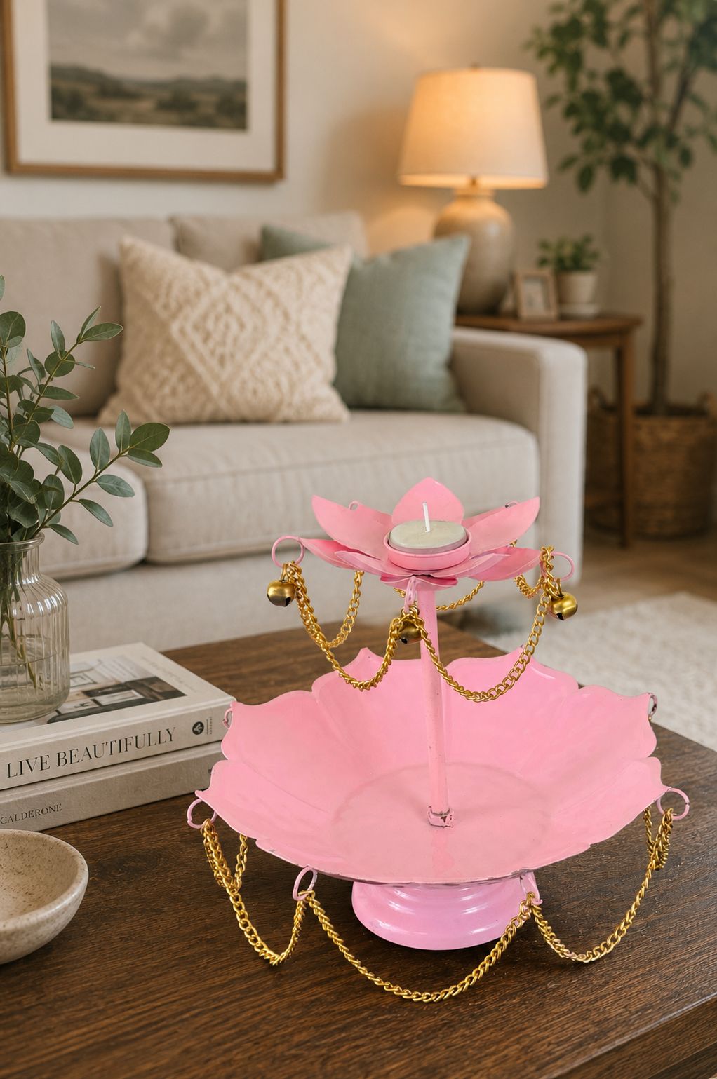 pink metal urli bowl with diya stand hanging chain design for floating flowers candles decorative centerpiece for diwali wedding home decor festive gifting