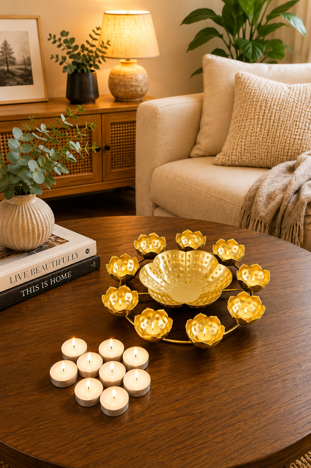 premium lotus urli bowl with 8 tea light holders hammered metal decorative floating flower bowl gold finish centerpiece for diwali pooja weddings festivals home decor gifting