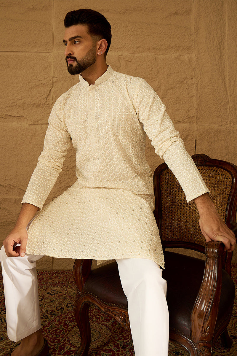 off white cotton solid printed straight kurta with trouser