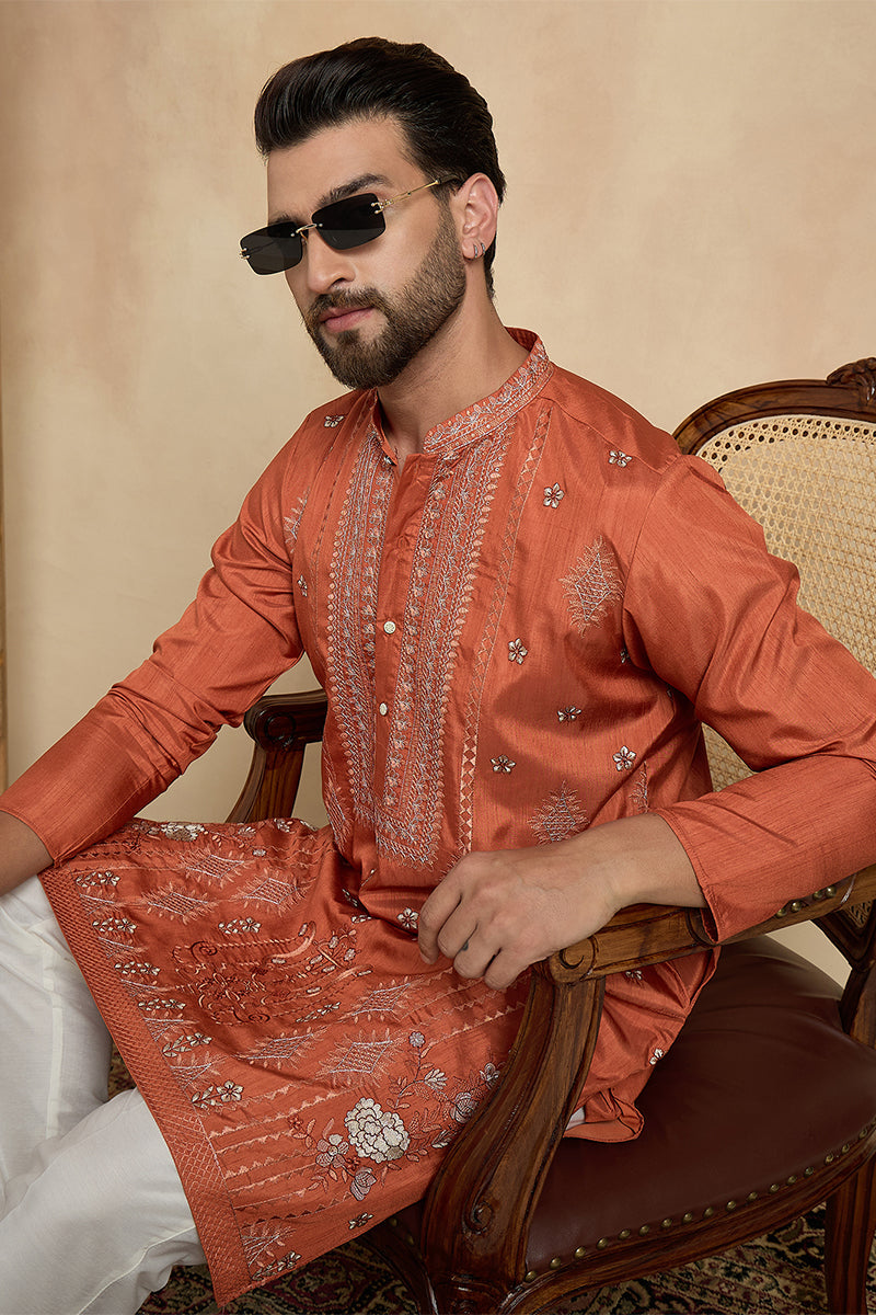 Mens Orange Silk Blend Solid Embroidered Straight Kurta