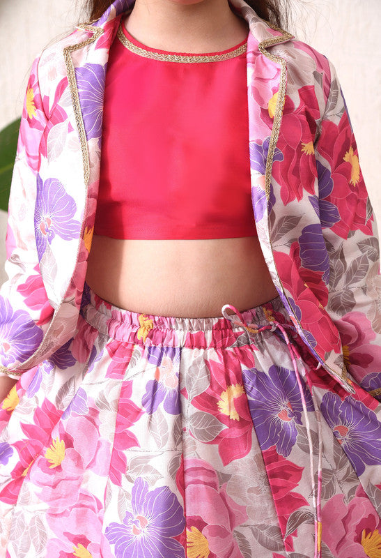 Indi Loom Couture Girls Pink Floral Printed Crop Top with Jacket & Flared Skirt Co Ord Set ILLCJ47
