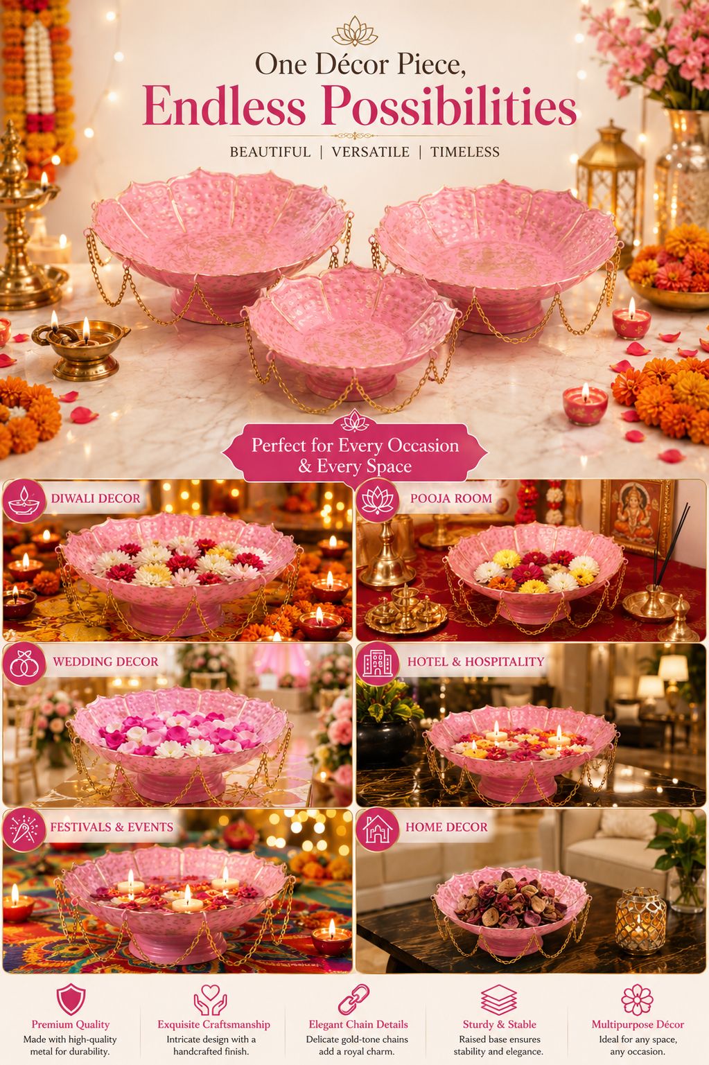 premium pink lotus urli bowl set of 3 with decorative chain handcrafted metal floating flower bowls for water candles tea lights decorative urli for diwali wedding pooja home decor