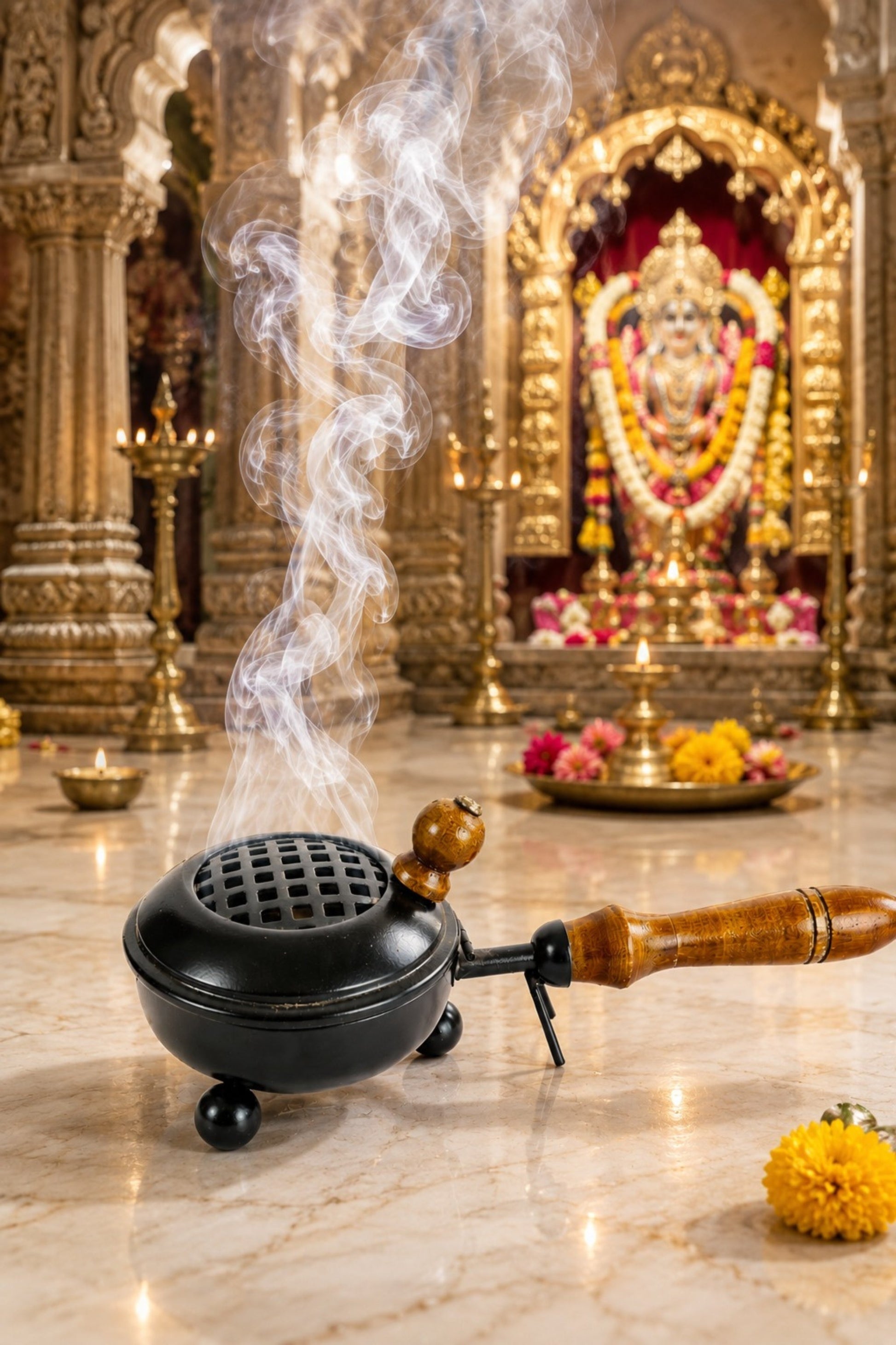 brass finish metal dhoop dani with wooden handle lid for pooja loban sambrani burning covered incense burner for home temple havan vastu premium festive gift item copy