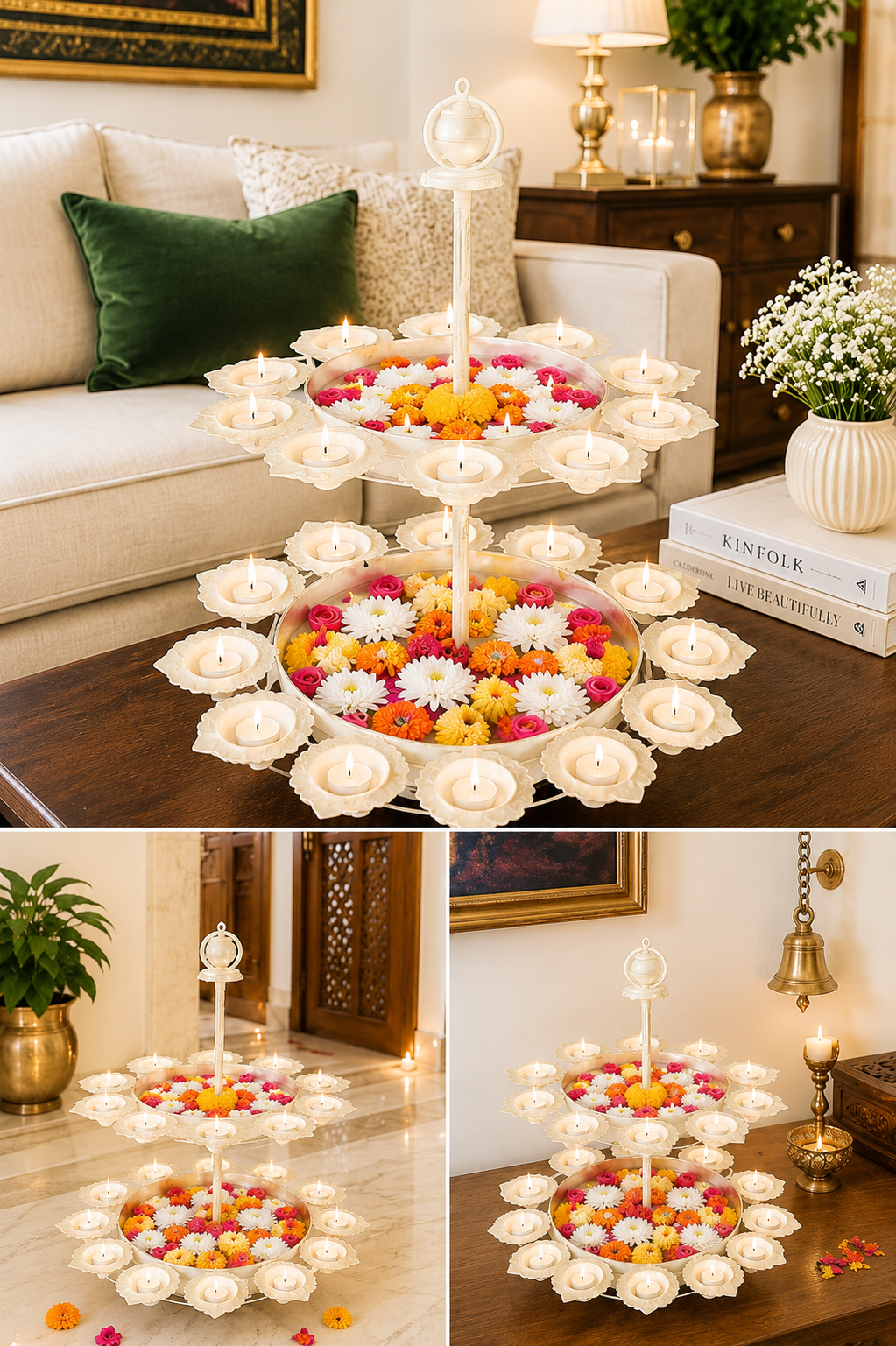 premium dual layer urli bowl with 24 tea light holders decorative metal floating flower stand antique gold ivory finish for diwali pooja weddings festivals home decor