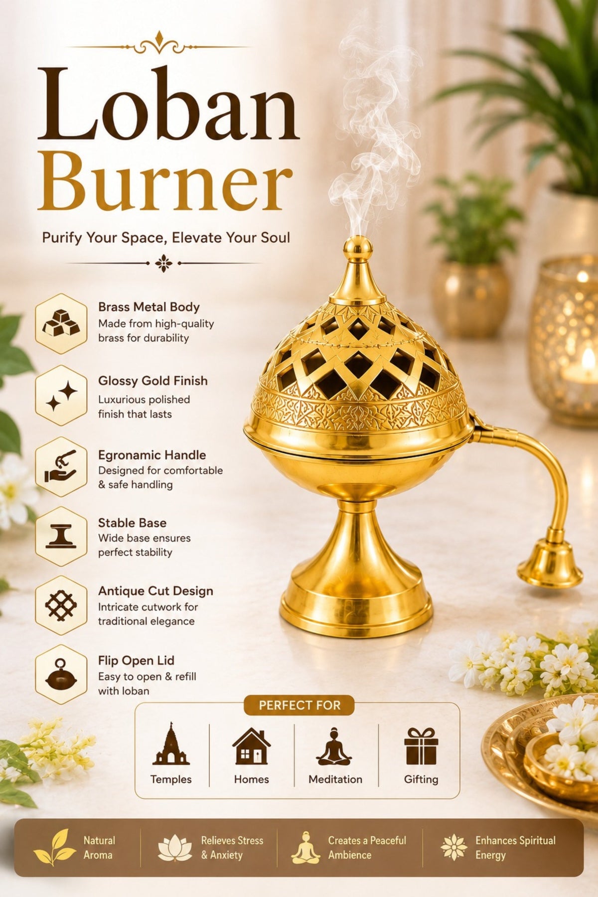 premium brass loban burner with handle handcrafted brass dhoop dani for loban sambrani cups bakhoor resin incense dhoop hinged lid pooja incense burner for home temple meditation gifting