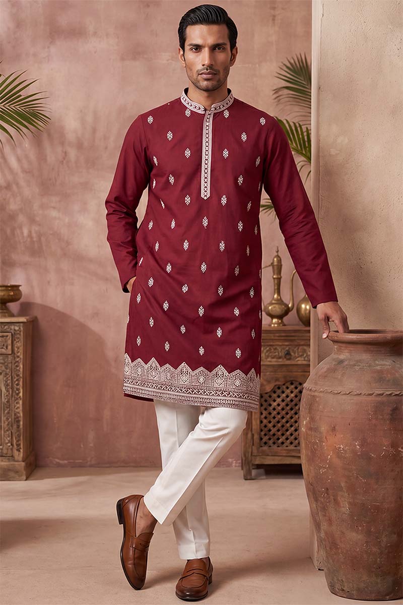 Silk Blend Maroon Solid Embroidered Calf Length Straight Kurta MKU2270