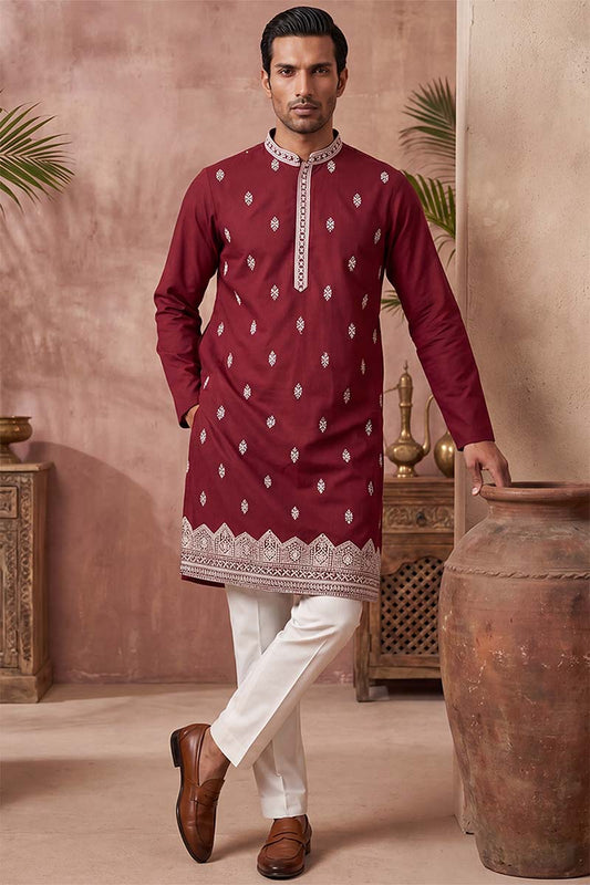 Silk Blend Maroon Solid Embroidered Calf Length Straight Kurta MKU2270