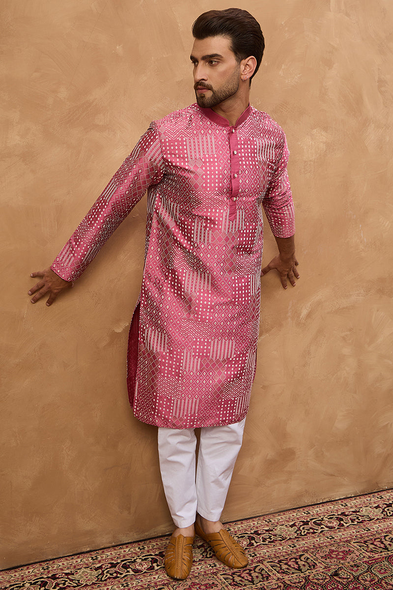 Pink Silk Blend Geometric Printed Straight Kurta