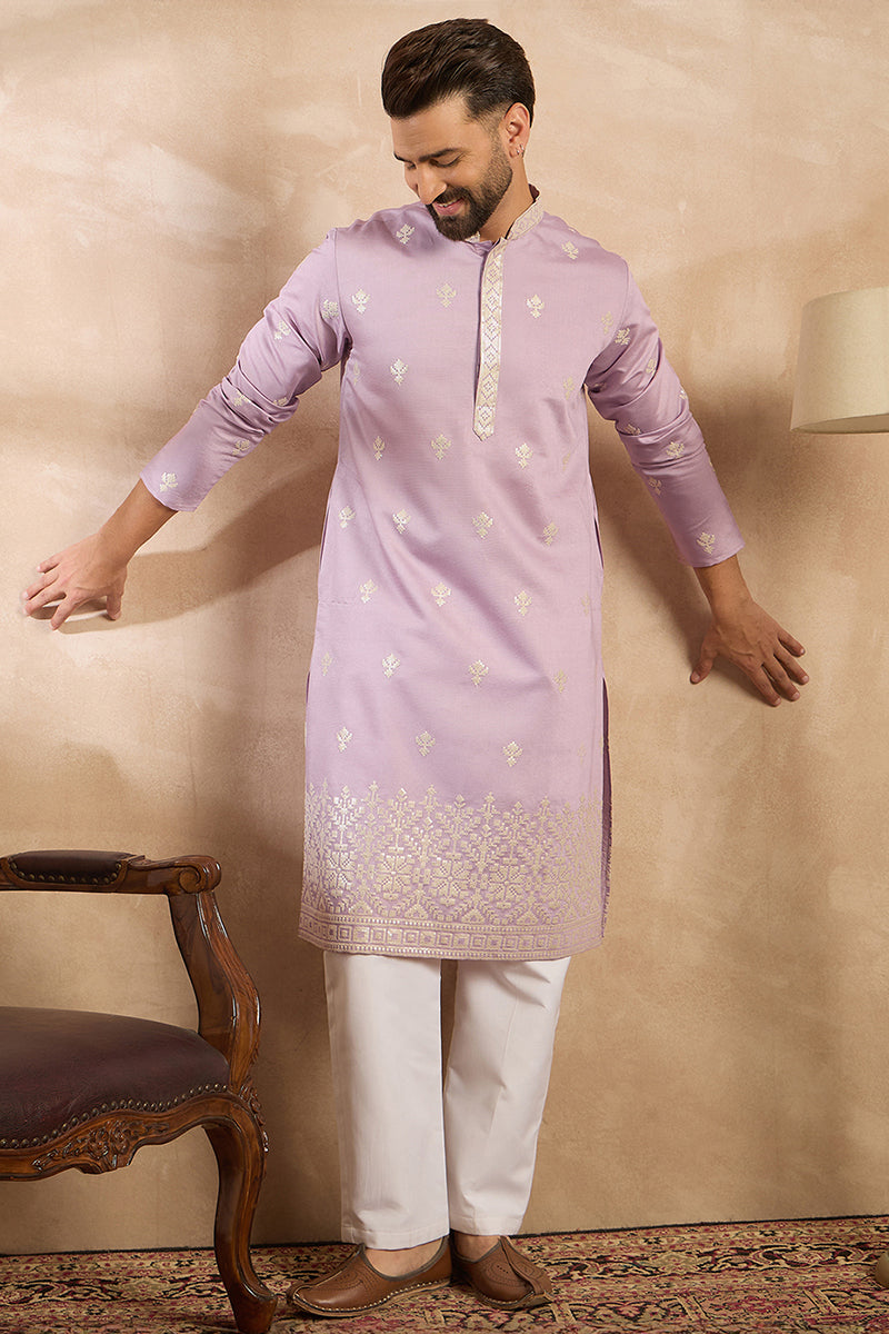 Lavender Polyester Solid Embroidered Straight Kurta