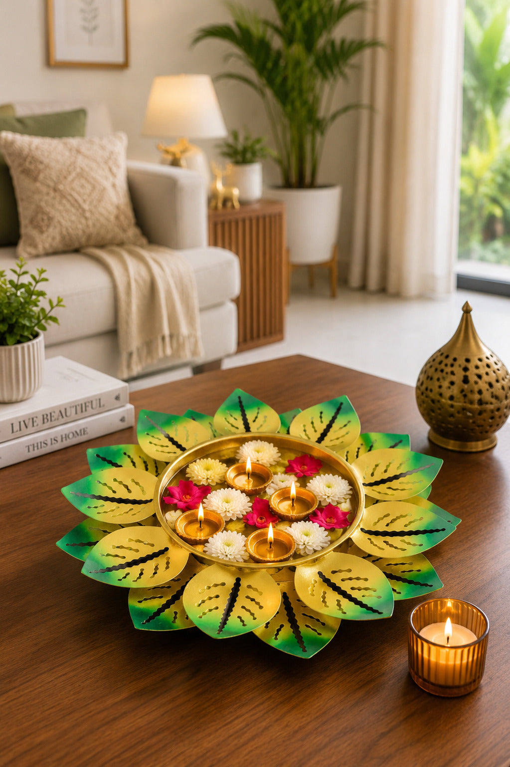 decorative lotus metal urli bowl set for floating flowers candles designer festival home decor set of 3 green gold copy